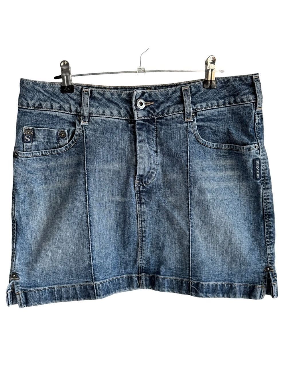 Vintage 90s Y2K Silver Jeans Blue Denim Skirt Sz 30 Medium Wash Patch Stretch